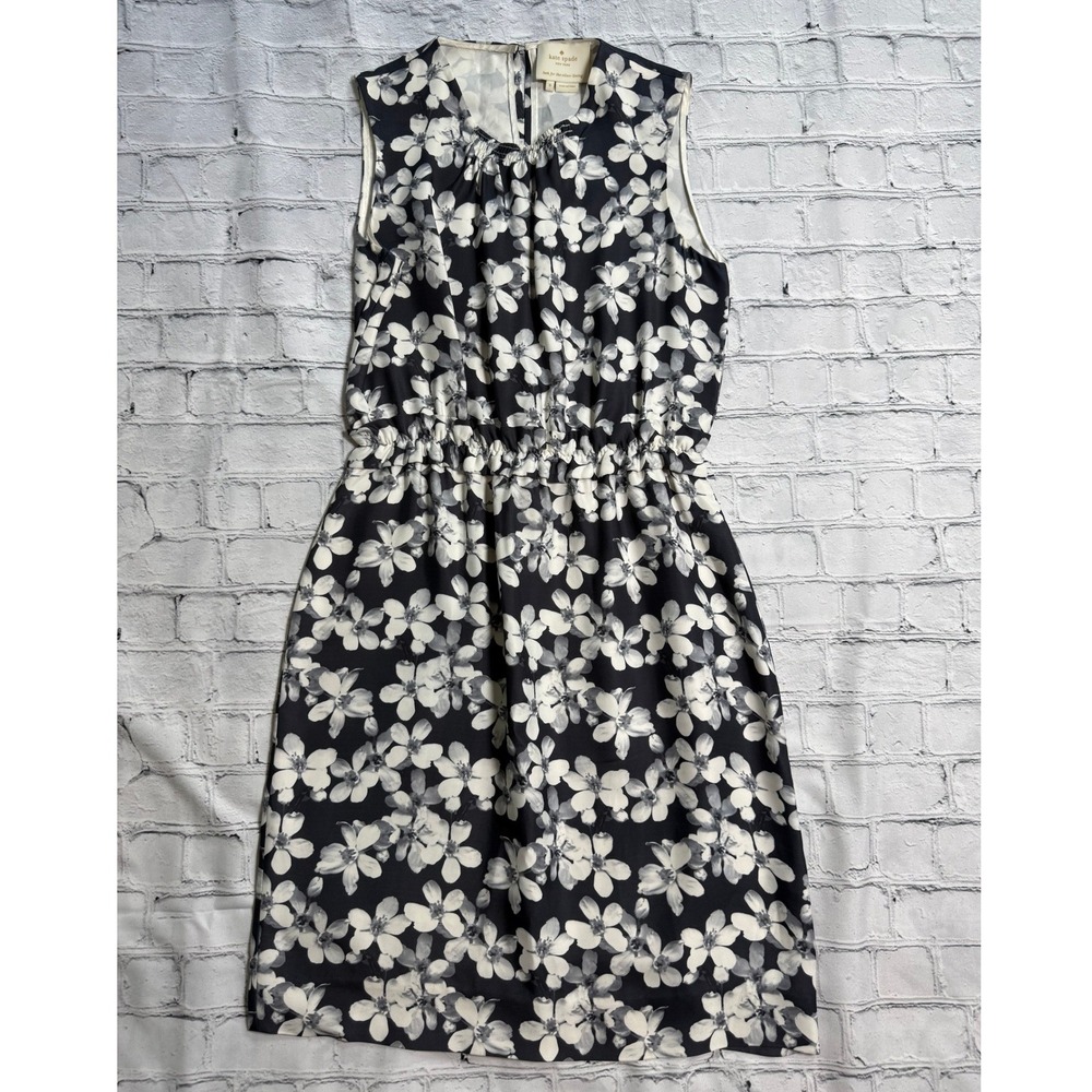 Kate Spade Floral Sleeveless Dress 6 Black White Elastic Waist Preppy Chic